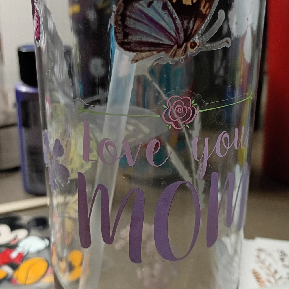 Love You Mom Glass Tumbler with Butterfly Design